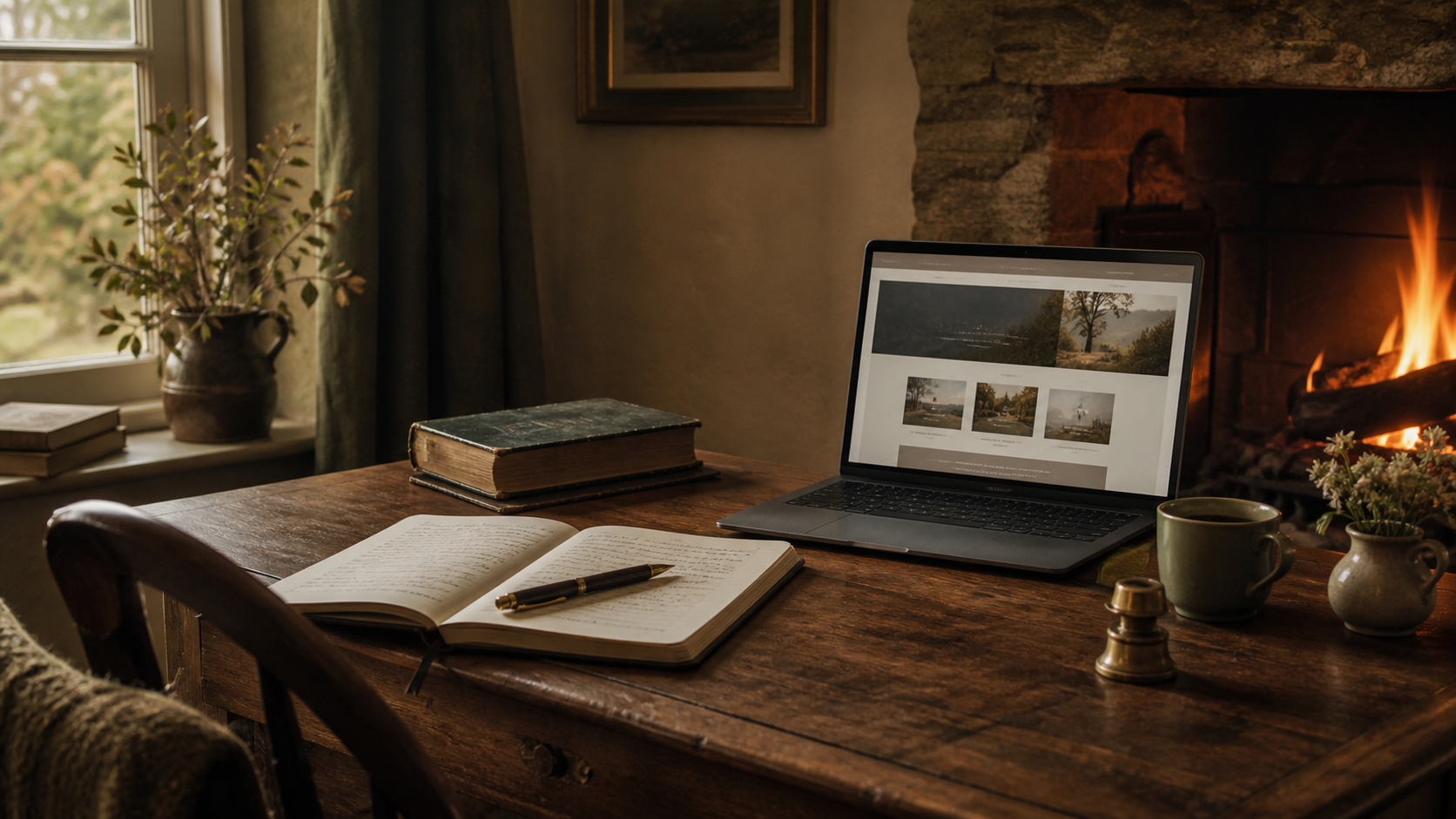 A warmly lit cottage writing desk beside a glowing fireplace, with an open notebook, fountain pen, old books, and a laptop displaying an elegant author website.