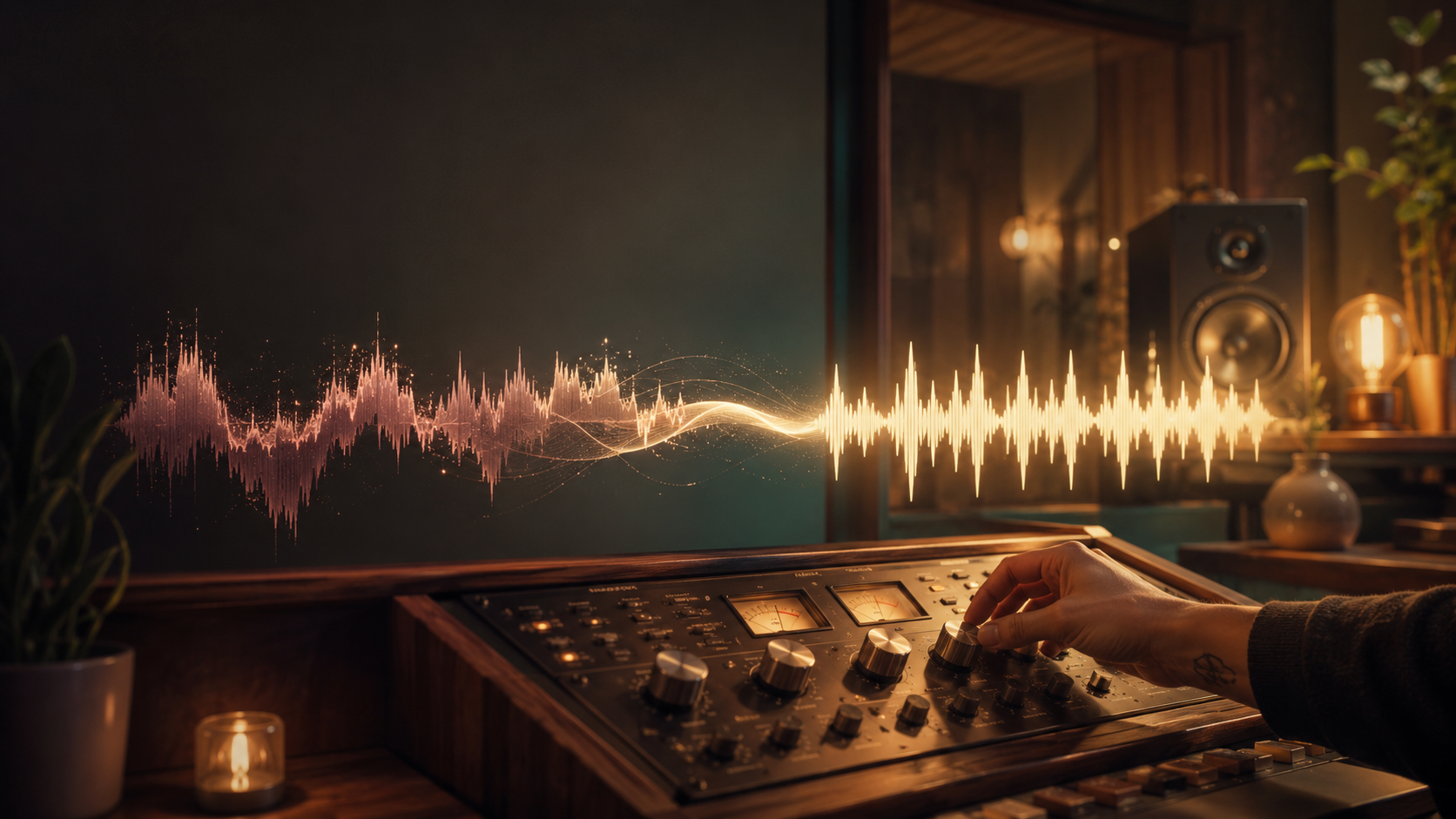 A music producer mastering an AI vocal track as an uneven waveform becomes clear and balanced.”
