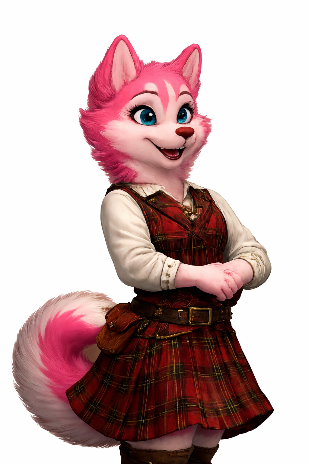 Emma the Bard, a pink-furred husky beastkin bard in a red tartan dress